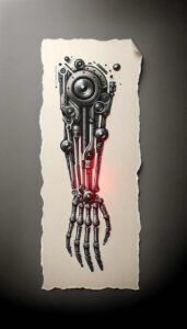 cybernetic-tattoo – tattoo design ideas free ai generated – surrealism-floating-elements – for-upper-thigh – Gallery: biomechanics-inkby-ai