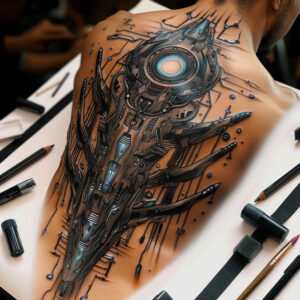 digital-biomech – tattoo design ideas free ai generated – realism-form-fidelity – for-lower-back – Gallery: biomechanics-inkby-ai