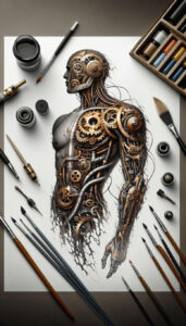 digital-symbiosis-tattoo – tattoo design ideas free ai generated – realism-contrast-ink – for-upper-back – Gallery: biomechanics-inkby-ai