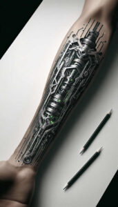 digital-symbiosis-tattoo – tattoo design ideas free ai generated – realism-emotional-depth – for-calf – Gallery: biomechanics-inkby-ai