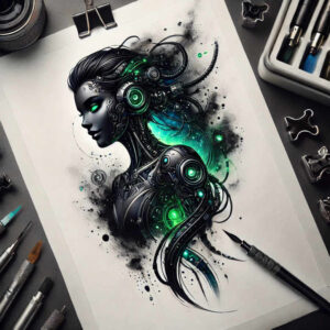electric-circuit-tattoo – tattoo design ideas free ai generated – neotraditional-bold-texture – for-lower-thigh – Gallery: biomechanics-inkby-ai