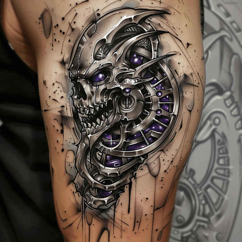 fluid-biomech – tattoo design ideas free ai generated – neotraditional-modern-twist – for-back-shoulder – Gallery: biomechanics-inkby-ai