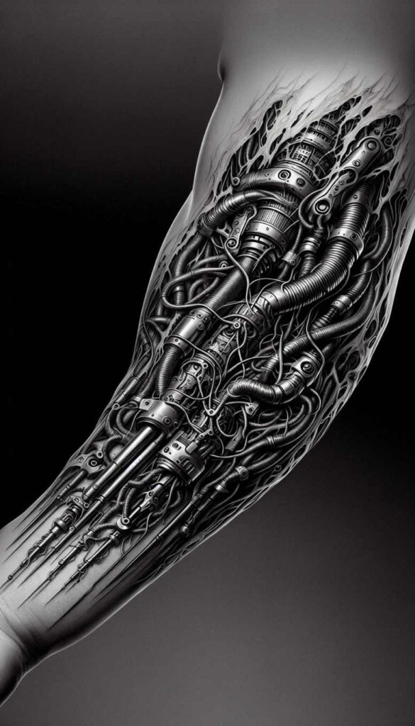 industrial-tattoo – tattoo design ideas free ai generated – surrealism-floating-elements – for-nape – Gallery: biomechanics-inkby-ai