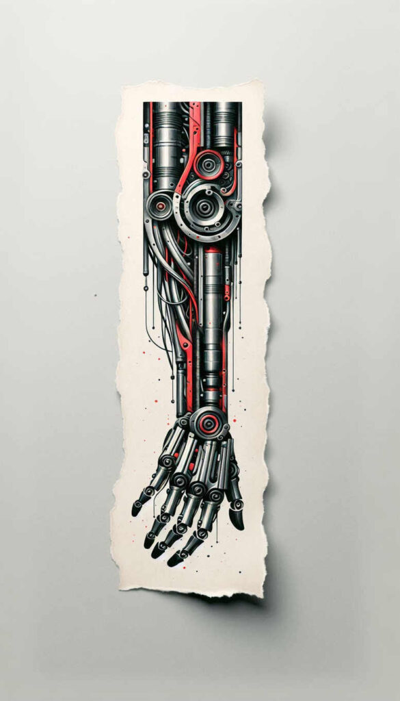 mechanical-arm-tattoo – tattoo design ideas free ai generated – neotraditional-rich-shading – for-nape – Gallery: biomechanics-inkby-ai
