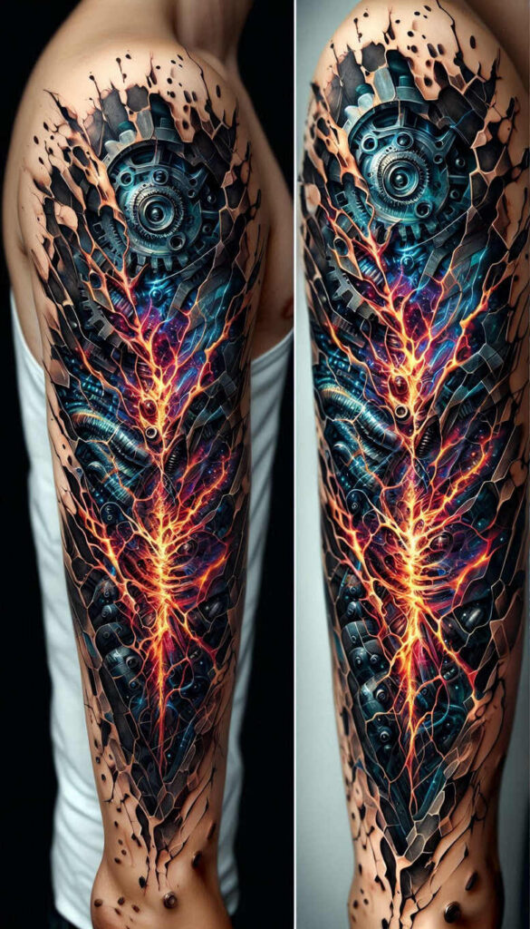 mechanical-arm-tattoo – tattoo design ideas free ai generated – realism-realistic-structure – for-chest – Gallery: biomechanics-inkby-ai