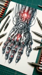 mechanical-arm-tattoo – tattoo design ideas free ai generated – surrealism-ghostly-shapes – for-fingers – Gallery: biomechanics-inkby-ai