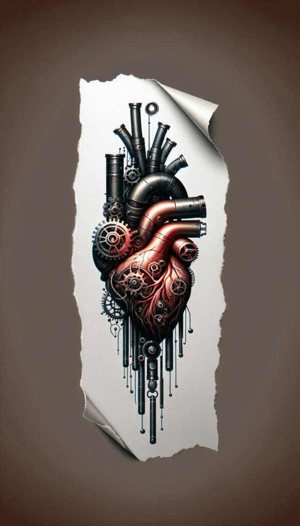 mechanical-arm-tattoo – tattoo design ideas free ai generated – surrealism-melted-shapes – for-lower-thigh – Gallery: biomechanics-inkby-ai