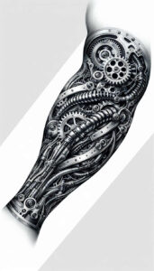 mechanical-arm-tattoo – tattoo design ideas free ai generated – surrealism-subconscious-themes – for-full-back – Gallery: biomechanics-inkby-ai