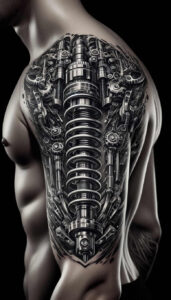 mechanical-design – tattoo design ideas free ai generated – surrealism-ghostly-shapes – for-thigh – Gallery: biomechanics-inkby-ai