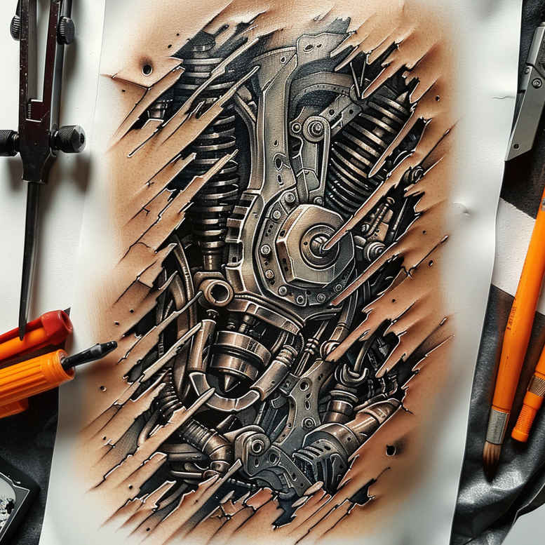 mechanical-joints-tattoo – tattoo design ideas free ai generated – surrealism-shifting-shapes – for-upper-chest – Gallery: biomechanics-inkby-ai