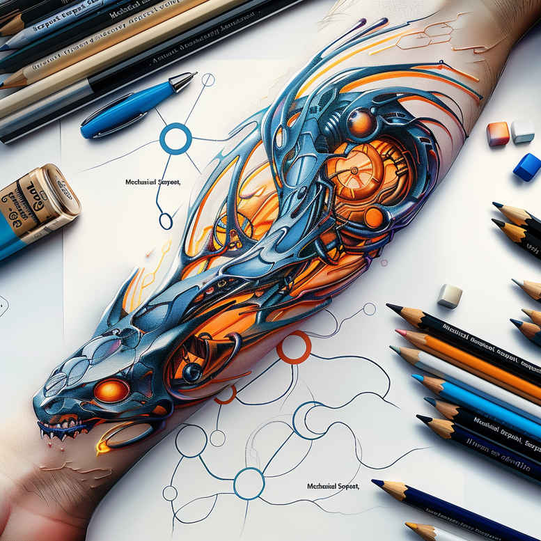 mechanical-structure-tattoo – tattoo design ideas free ai generated – neotraditional-contoured-forms – for-lower-back – Gallery: biomechanics-inkby-ai