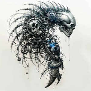 mechanical-tattoo – tattoo design ideas free ai generated – surrealism-blurred-boundaries – for-upper-back – Gallery: biomechanics-inkby-ai