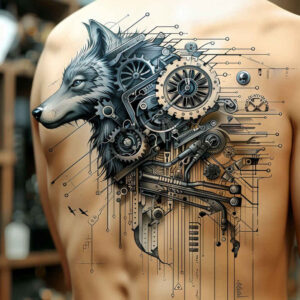 mechanical-tissue-tattoo – tattoo design ideas free ai generated – neotraditional-artistic-flair – for-upper-thigh – Gallery: biomechanics-inkby-ai