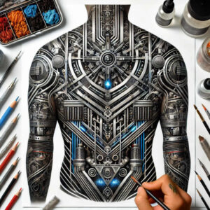 mechanical-tissue-tattoo – tattoo design ideas free ai generated – realism-contour-shading – for-temple – Gallery: biomechanics-inkby-ai