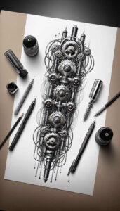 metal-skin-tattoo – tattoo design ideas free ai generated – neotraditional-clean-fill – for-calf – Gallery: biomechanics-inkby-ai