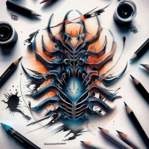 metal-skin-tattoo – tattoo design ideas free ai generated – realism-full-detail – for-lower-chest – Gallery: biomechanics-inkby-ai