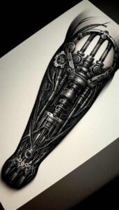 metal-skin-tattoo – tattoo design ideas free ai generated – realism-tonal-depth – for-thigh – Gallery: biomechanics-inkby-ai