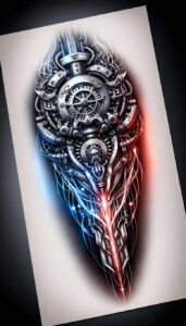 metal-skin-tattoo – tattoo design ideas free ai generated – surrealism-chromatic-aberration – for-back-of-neck – Gallery: biomechanics-inkby-ai