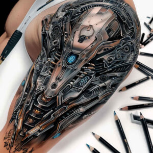 metal-structure-tattoo – tattoo design ideas free ai generated – realism-anatomical-accuracy – for-outer-arm – Gallery: biomechanics-inkby-ai