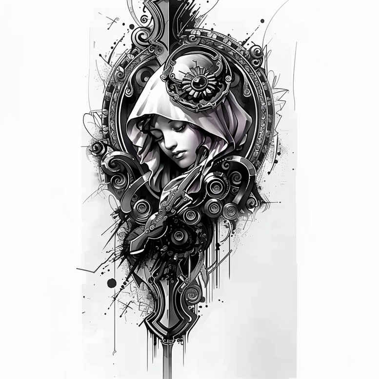 metal-structure-tattoo – tattoo design ideas free ai generated – realism-glowing-edges – for-shoulder-blade – Gallery: biomechanics-inkby-ai