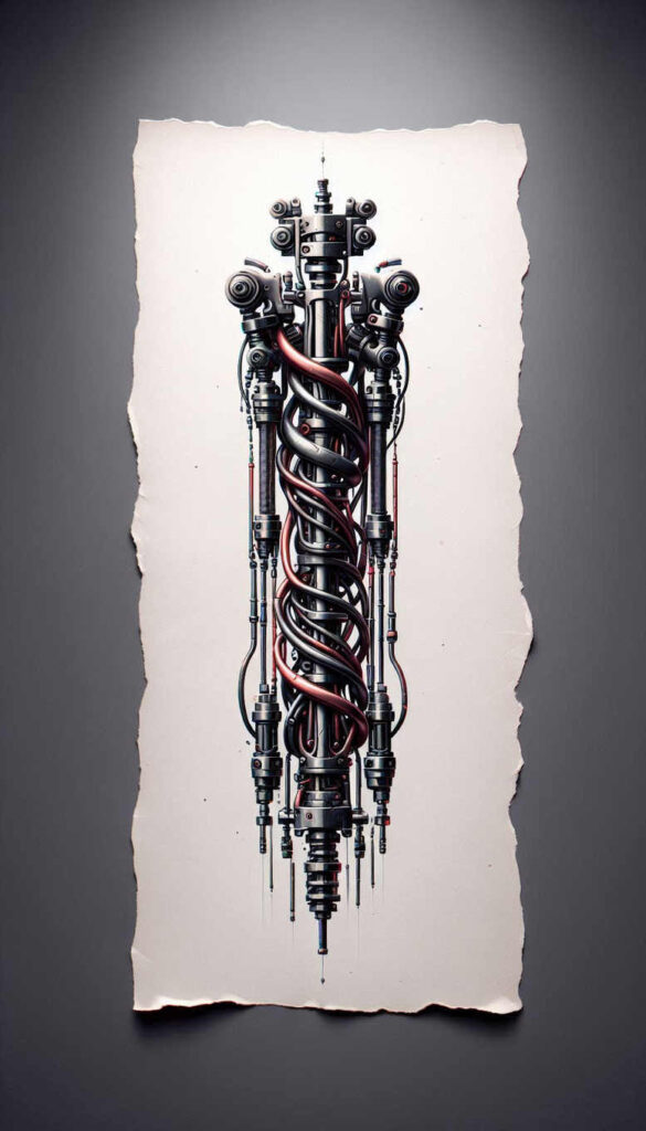 metal-structure-tattoo – tattoo design ideas free ai generated – realism-true-rendering – for-lower-chest – Gallery: biomechanics-inkby-ai