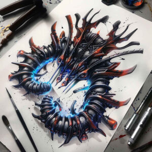 metallic-shine-tattoo – tattoo design ideas free ai generated – realism-seamless-blend – for-spine – Gallery: biomechanics-inkby-ai