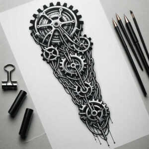 metallic-tattoo – tattoo design ideas free ai generated – neotraditional-rich-shading – for-sternum – Gallery: biomechanics-inkby-ai