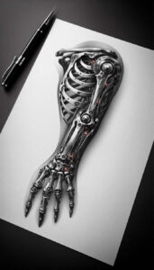 metallic-tattoo – tattoo design ideas free ai generated – realism-micro-detail – for-back-of-neck – Gallery: biomechanics-inkby-ai