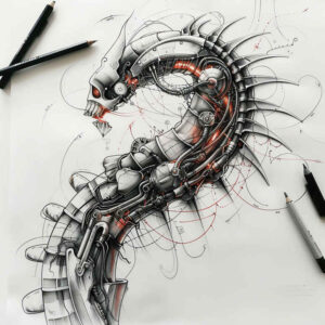 moving-part-tattoo – tattoo design ideas free ai generated – surrealism-spectral-hues – for-shin – Gallery: biomechanics-inkby-ai
