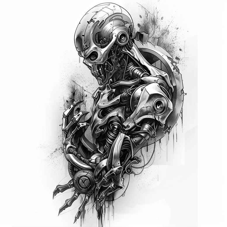 muscle-metal-tattoo – tattoo design ideas free ai generated – neotraditional-artistic-contrast – for-arm – Gallery: biomechanics-inkby-ai