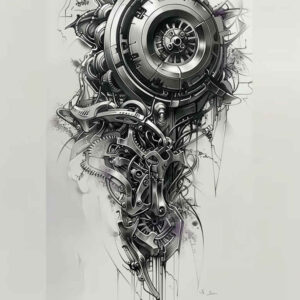 muscle-metal-tattoo – tattoo design ideas free ai generated – surrealism-chromatic-aberration – for-lower-back – Gallery: biomechanics-inkby-ai