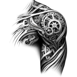 muscle-metal-tattoo – tattoo design ideas free ai generated – surrealism-psychological-depth – for-thigh – Gallery: biomechanics-inkby-ai