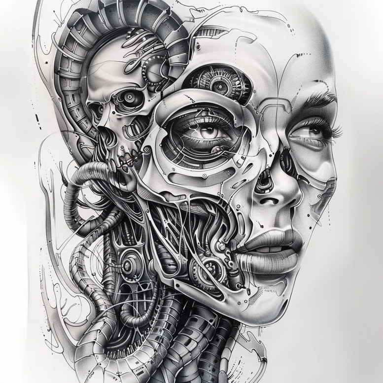 muscular-tattoo – tattoo design ideas free ai generated – realism-subtle-saturation – for-full-back – Gallery: biomechanics-inkby-ai