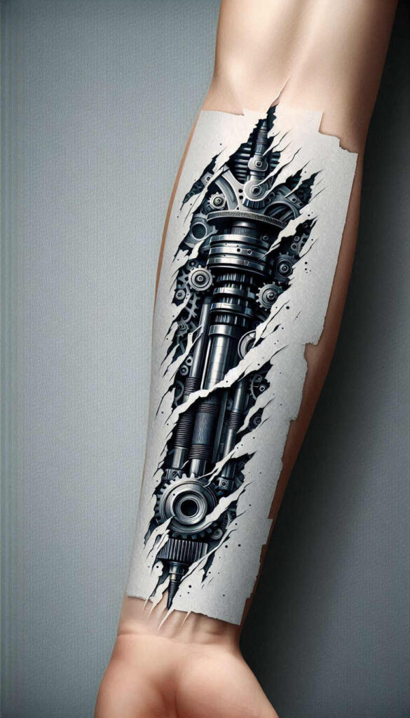 muscular-tattoo – tattoo design ideas free ai generated – surrealism-imperfect-symmetry – for-ankle – Gallery: biomechanics-inkby-ai