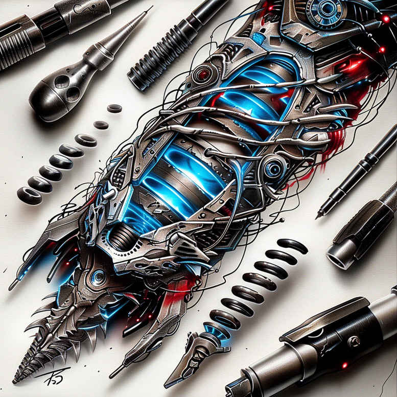 organism-machine-tattoo – tattoo design ideas free ai generated – neotraditional-bold-texture – for-abdomen – Gallery: biomechanics-inkby-ai