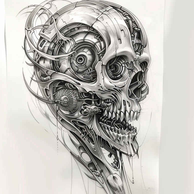 organism-machine-tattoo – tattoo design ideas free ai generated – neotraditional-bold-texture – for-back-of-neck – Gallery: biomechanics-inkby-ai