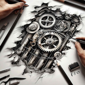 organism-machine-tattoo – tattoo design ideas free ai generated – surrealism-shifting-shapes – for-thigh – Gallery: biomechanics-inkby-ai