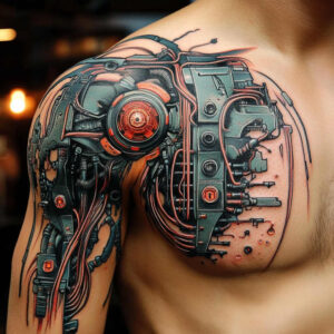 precise-linework – tattoo design ideas free ai generated – surrealism-blurred-boundaries – for-scapula – Gallery: biomechanics-inkby-ai