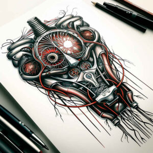 realistic-machine-tattoo – tattoo design ideas free ai generated – neotraditional-contoured-forms – for-arm – Gallery: biomechanics-inkby-ai