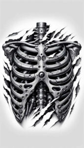 robotic-tattoo – tattoo design ideas free ai generated – neotraditional-rich-shading – for-thigh – Gallery: biomechanics-inkby-ai