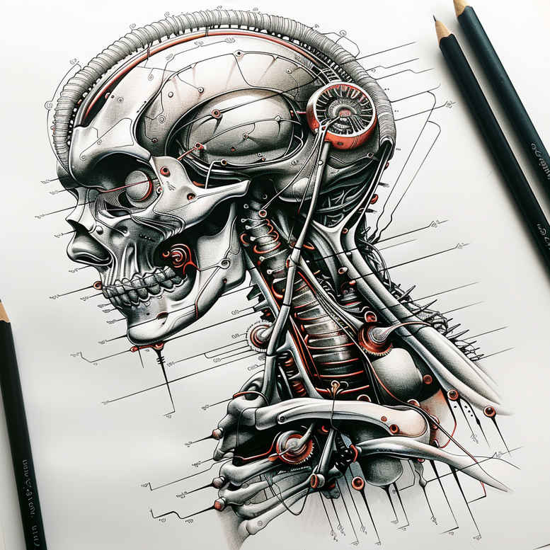 robotic-tattoo – tattoo design ideas free ai generated – neotraditional-structured-design – for-foot – Gallery: biomechanics-inkby-ai