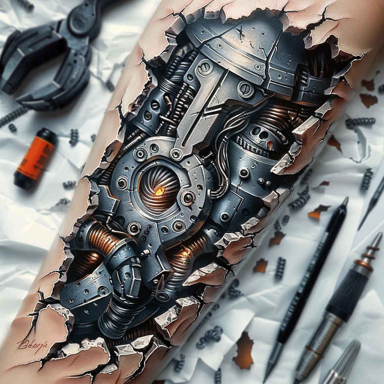 robotic-tattoo – tattoo design ideas free ai generated – realism-emotional-depth – for-lower-arm – Gallery: biomechanics-inkby-ai