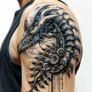 steel-tattoo – tattoo design ideas free ai generated – surrealism-illusionary – for-toe – Gallery: biomechanics-inkby-ai