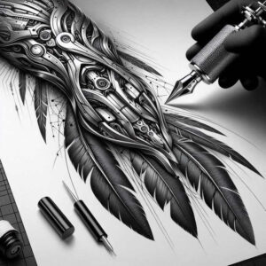 steel-vein-tattoo – tattoo design ideas free ai generated – neotraditional-strong-contrast – for-behind-ear – Gallery: biomechanics-inkby-ai