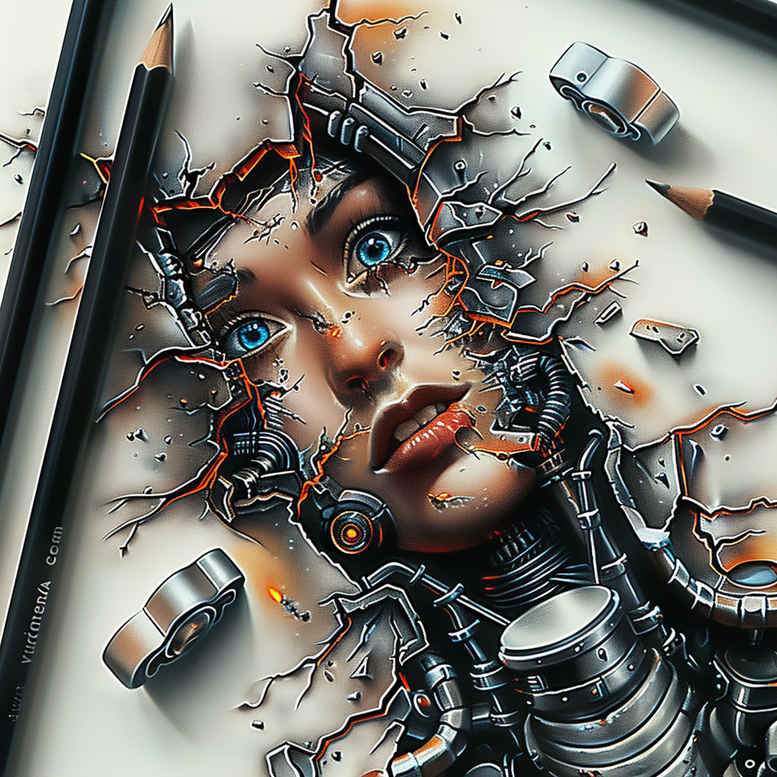 Face with mechanical gear accents and glass shards in black and grey, project for a cover-up tattoo.