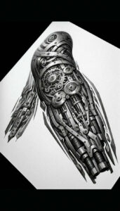 biomechanics tattoo design ideas Surrealism melted shapes detailed anatomy shows perseverance