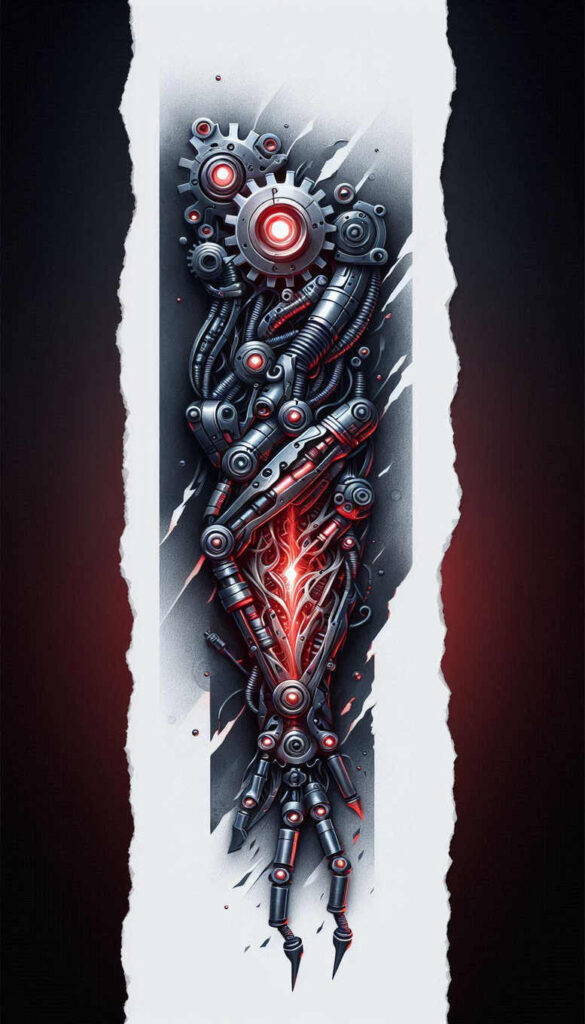 biomechanics tattoo design ideas layered fill detailed textures embodying determination