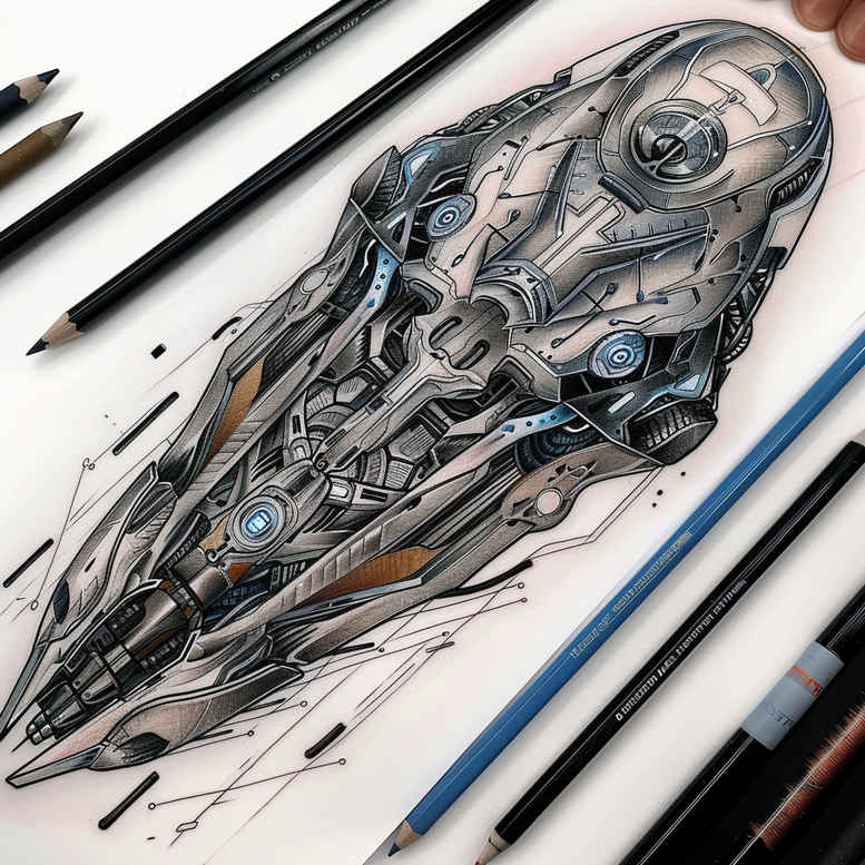 biomechanics tattoo design ideas Realism refined lines detailed textures for lower leg