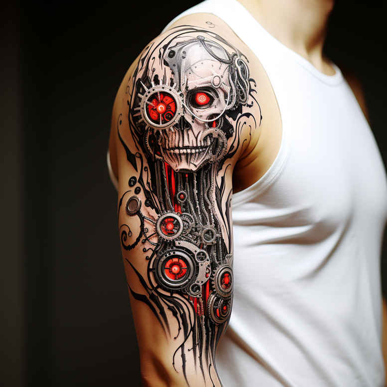 biomechanics tattoo design ideas refined color palette detailed textures perseverance and power