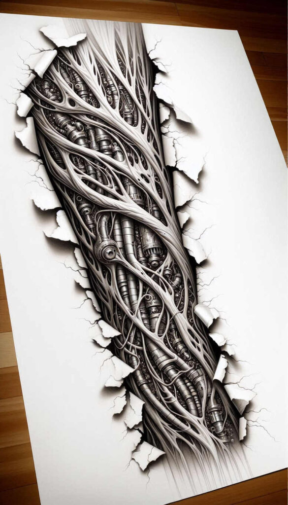 biomechanics tattoo design ideas Realism clean background dynamic curves for lower back